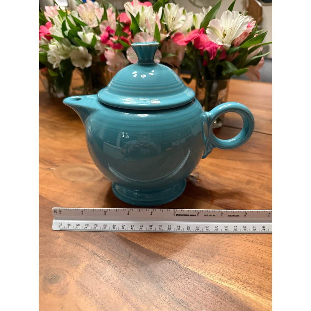 Fiesta Turquoise Teapot with Lid Ceramic Pedestal Tea Pot Made in USA 7in